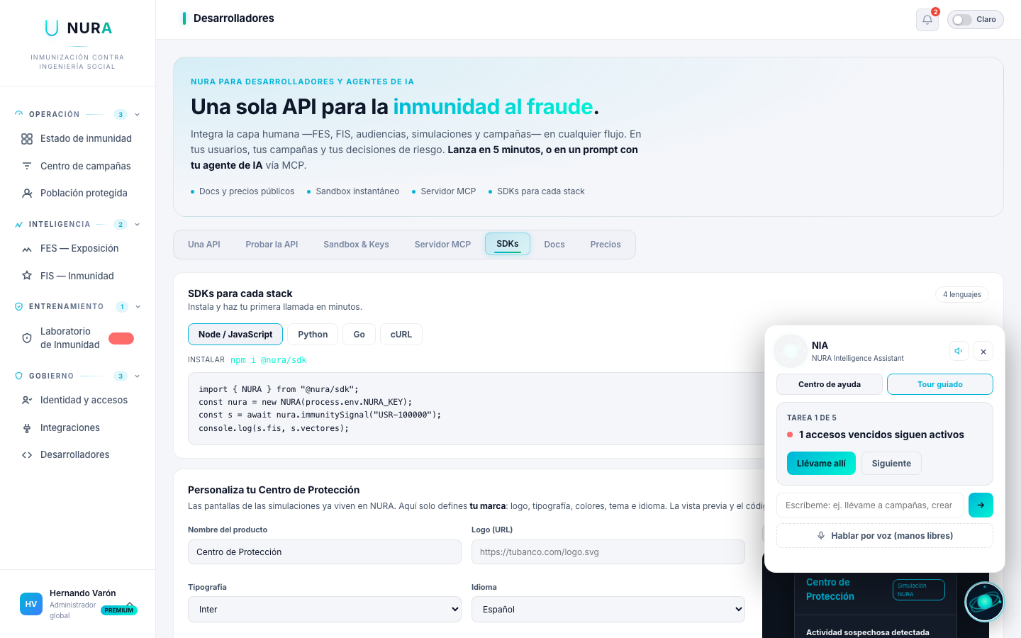 Personalización del SDK de NURA: define marca, tipografía, colores y vista previa del Centro de Protección