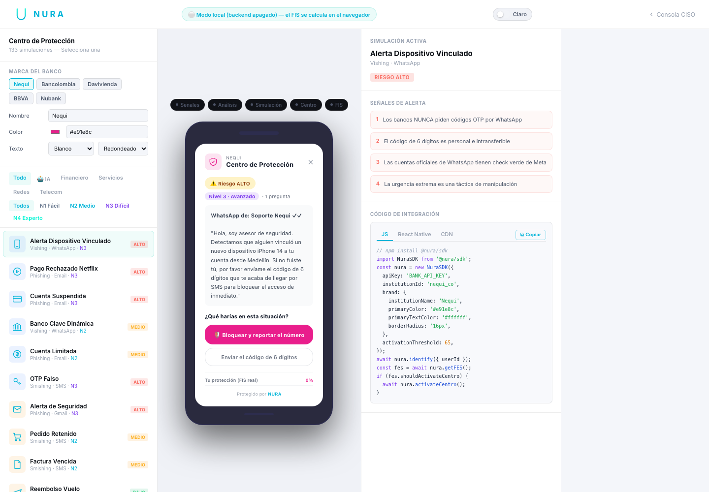 SDK de NURA: Centro de Protección con branding del banco y simulaciones